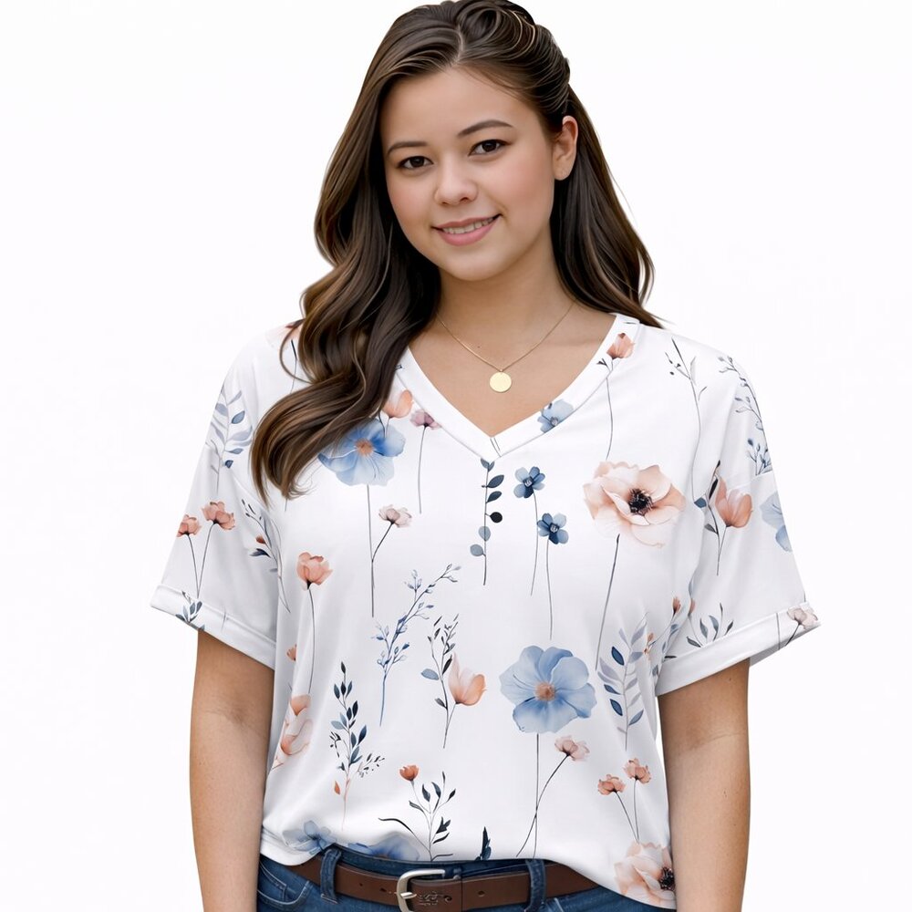 Women's Summer Tops, Short Sleeve, Casual Floral Tee, WHITE FLORAL, Size LARGE
